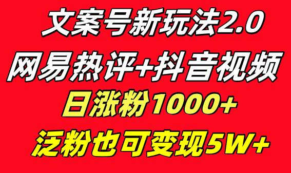 文案号新玩法 网易热评+抖音文案 一天涨粉1000+ 多种变现模式 泛粉也可变现云创网-网创项目资源站-副业项目-创业项目-搞钱项目云创网