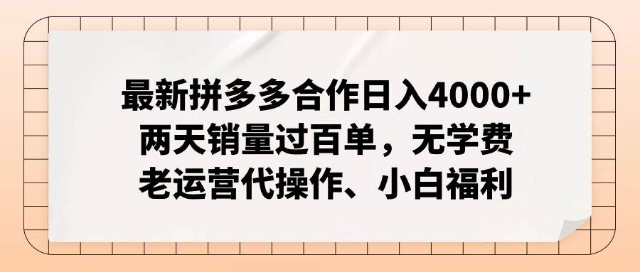 最新拼多多合作日入4000+两天销量过百单，无学费、老运营代操作、小白福利云创网-网创项目资源站-副业项目-创业项目-搞钱项目云创网