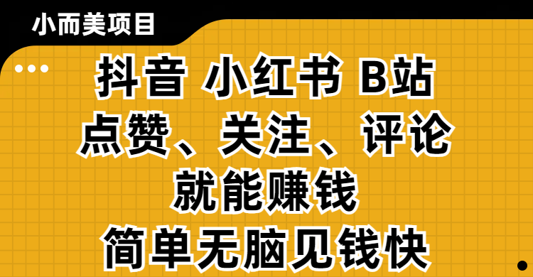 小而美的项目，抖音、小红书、B站视频点赞、关注、评论就能赚钱，简单无脑立见收益！妥妥的零撸项目云创网-网创项目资源站-副业项目-创业项目-搞钱项目云创网